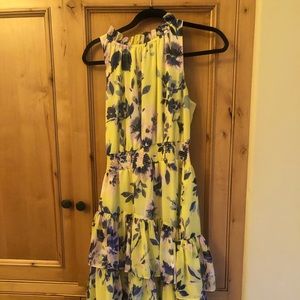 High neck yellow and blue flounce halter dress